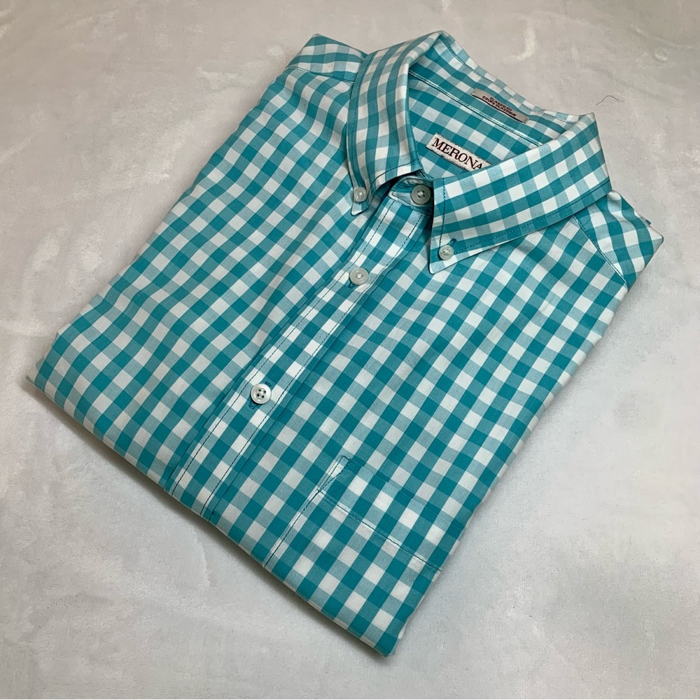 Merona Turquoise Gingham Classic Fit Button-down, Men’s M, EUC